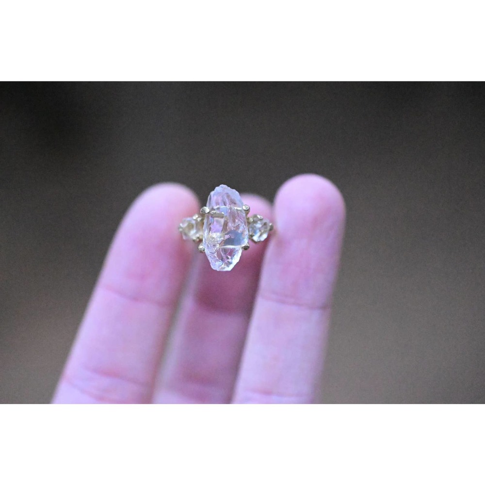 14k white gold Engagement Ring, three stone handmade raw cut rings